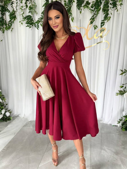 Women Puff Sleeve Midi Dress Fit and Flare Wedding Guest - Image 7