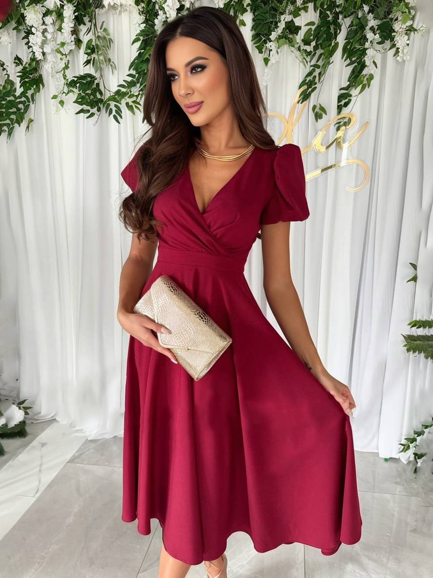 Women Puff Sleeve Midi Dress Fit and Flare Wedding Guest - Image 8