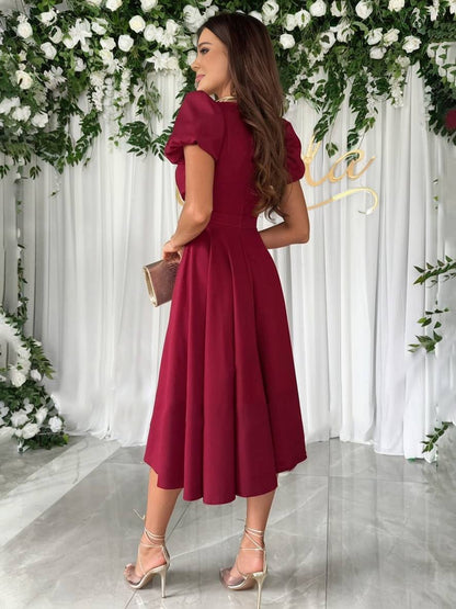 Women Puff Sleeve Midi Dress Fit and Flare Wedding Guest - Image 9