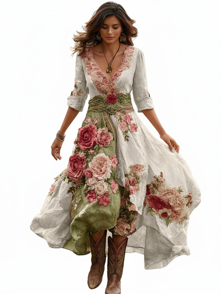 Women Floral Midi Dress V-Neck Asymmetrical Hem Boho