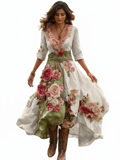 Women Floral Midi Dress V-Neck Asymmetrical Hem Boho