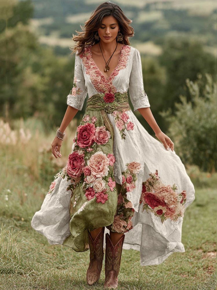 Women Floral Midi Dress V-Neck Asymmetrical Hem Boho - Image 2