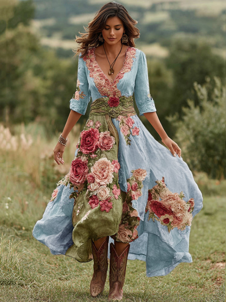 Women Floral Midi Dress V-Neck Asymmetrical Hem Boho - Image 3