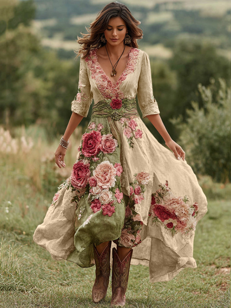 Women Floral Midi Dress V-Neck Asymmetrical Hem Boho - Image 4