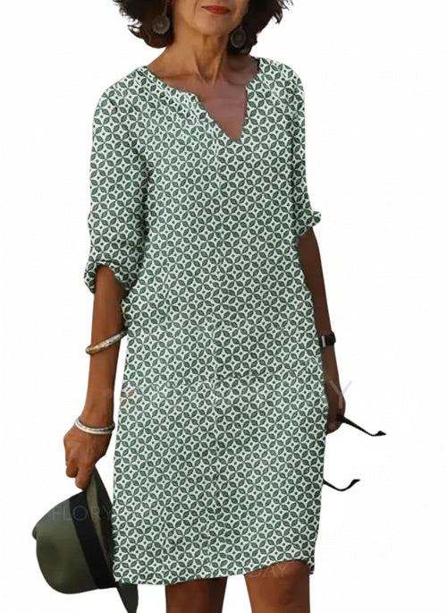 Women Geometric Print V-Neck Three-Quarter Sleeve Midi Dress