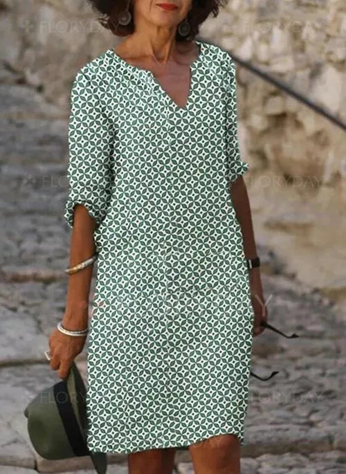 Women Geometric Print V-Neck Three-Quarter Sleeve Midi Dress - Image 2