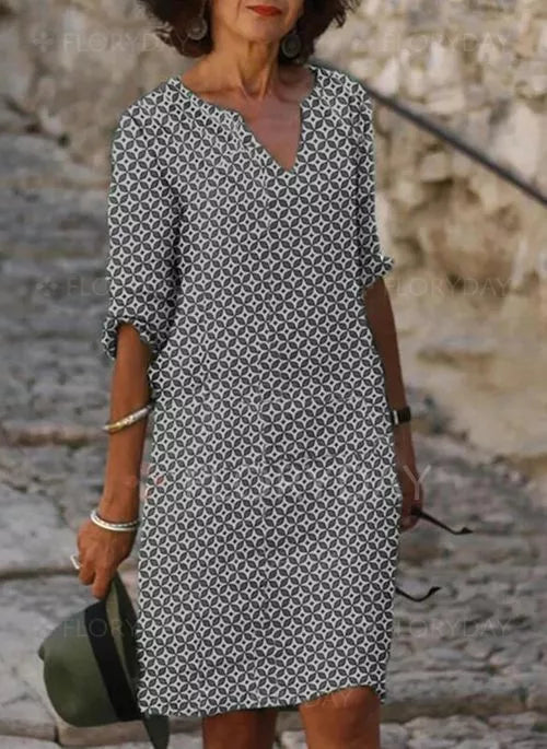 Women Geometric Print V-Neck Three-Quarter Sleeve Midi Dress - Image 3