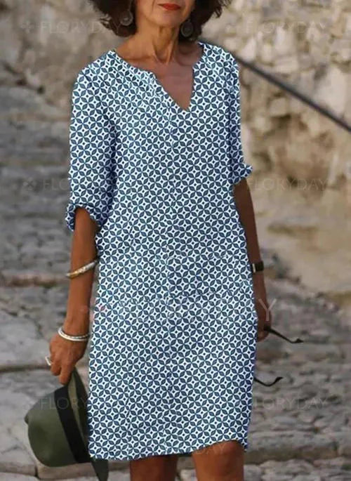 Women Geometric Print V-Neck Three-Quarter Sleeve Midi Dress - Image 4