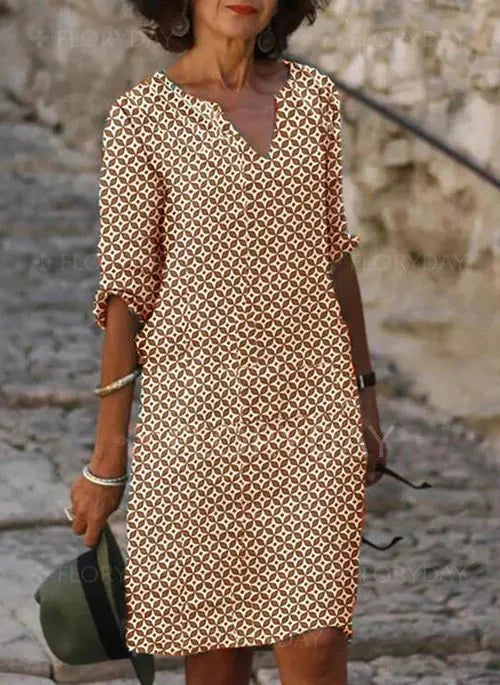 Women Geometric Print V-Neck Three-Quarter Sleeve Midi Dress - Image 5