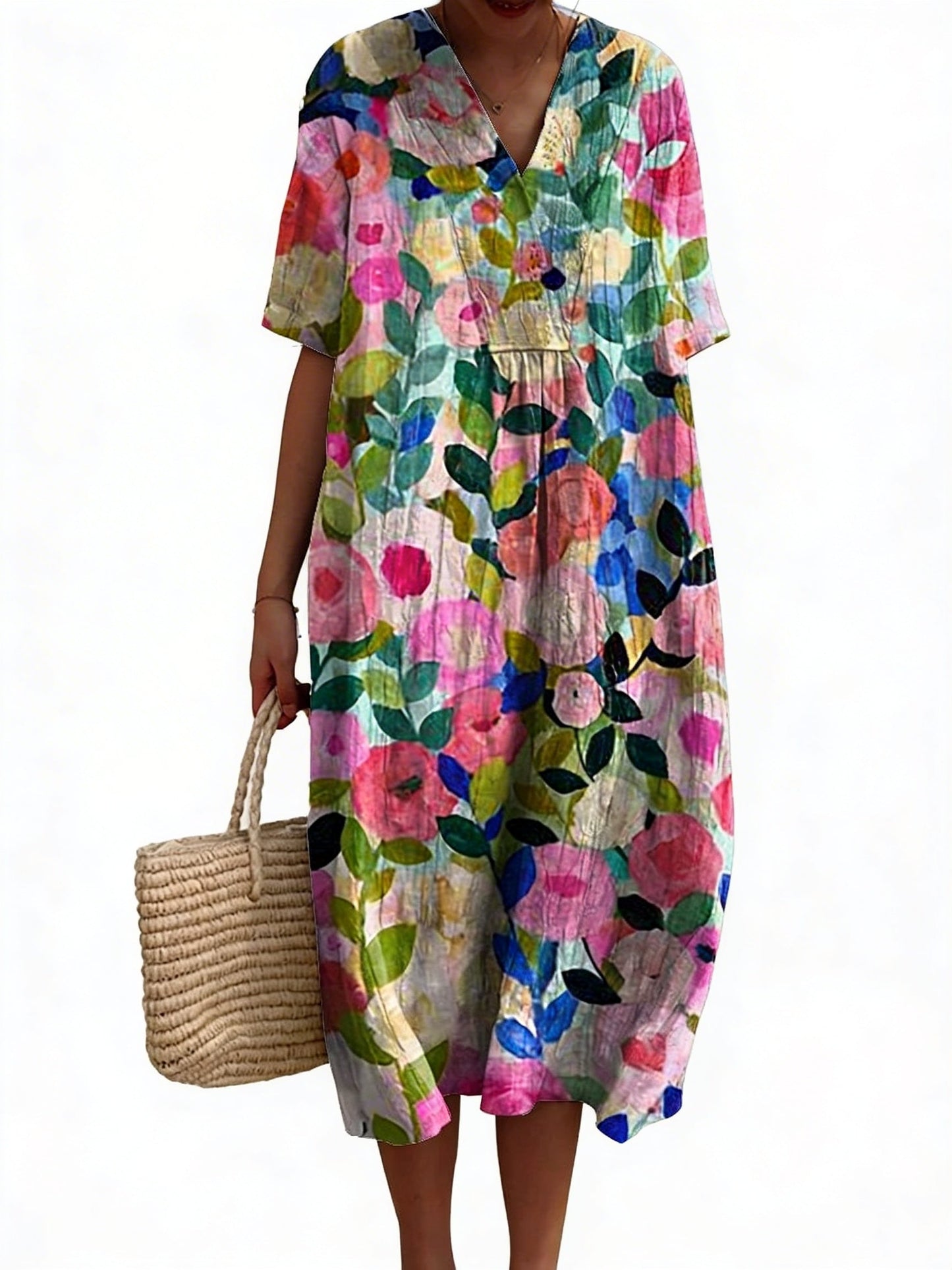 Women Floral Midi Dress V-Neck Short Sleeve Summer Casual