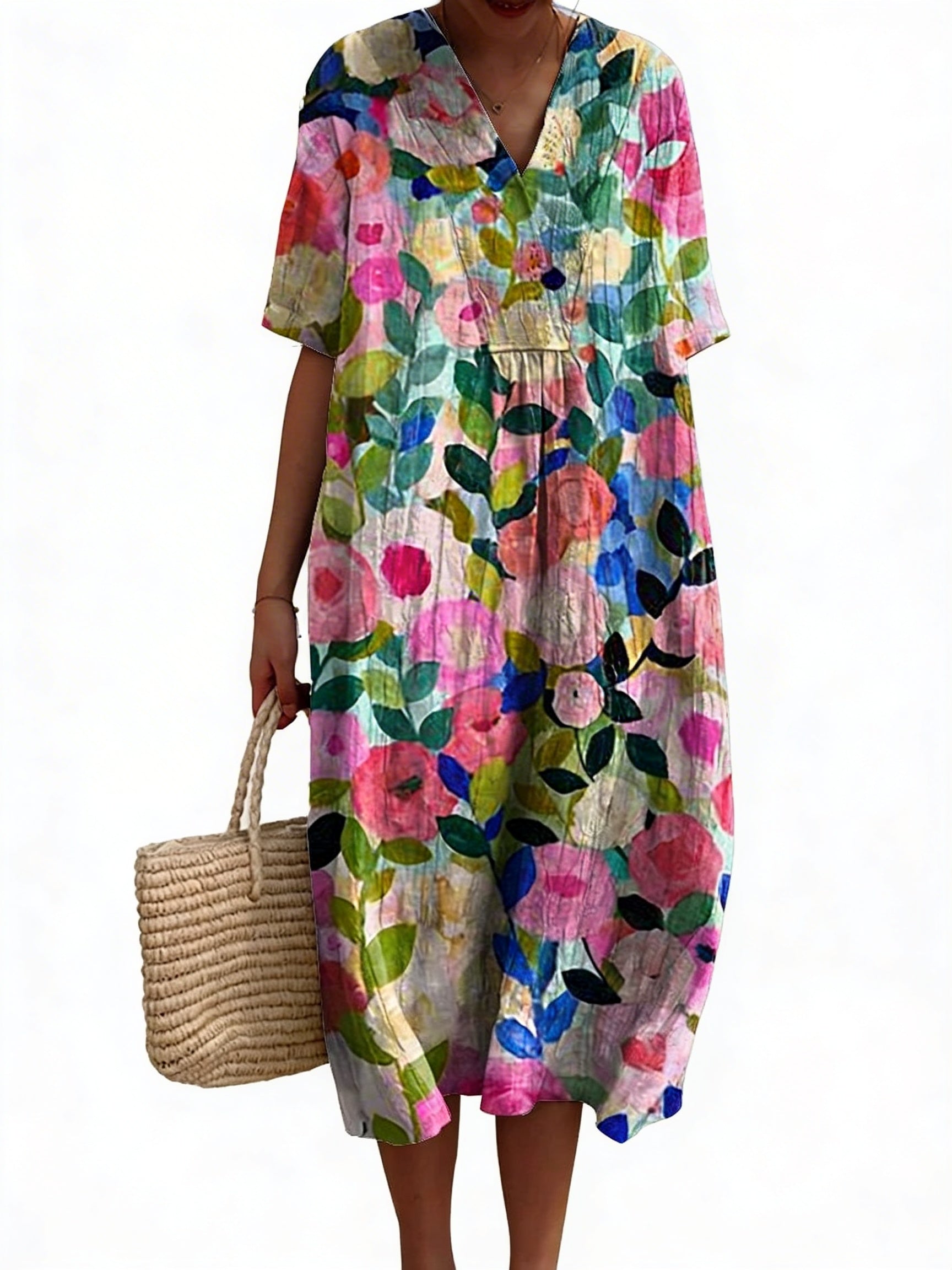 Women Floral Midi Dress V-Neck Short Sleeve Summer Casual