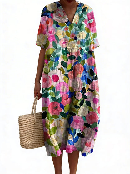 Women Floral Midi Dress V-Neck Short Sleeve Summer Casual