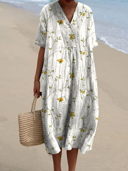 Women Floral Midi Dress V-Neck Short Sleeve Summer Casual - Image 9