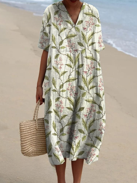 Women Floral Midi Dress V-Neck Short Sleeve Summer Casual - Image 13