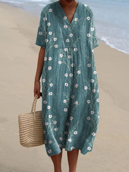 Women Floral Midi Dress V-Neck Short Sleeve Summer Casual - Image 15