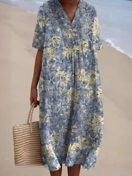 Women Floral Midi Dress V-Neck Short Sleeve Summer Casual - Image 8