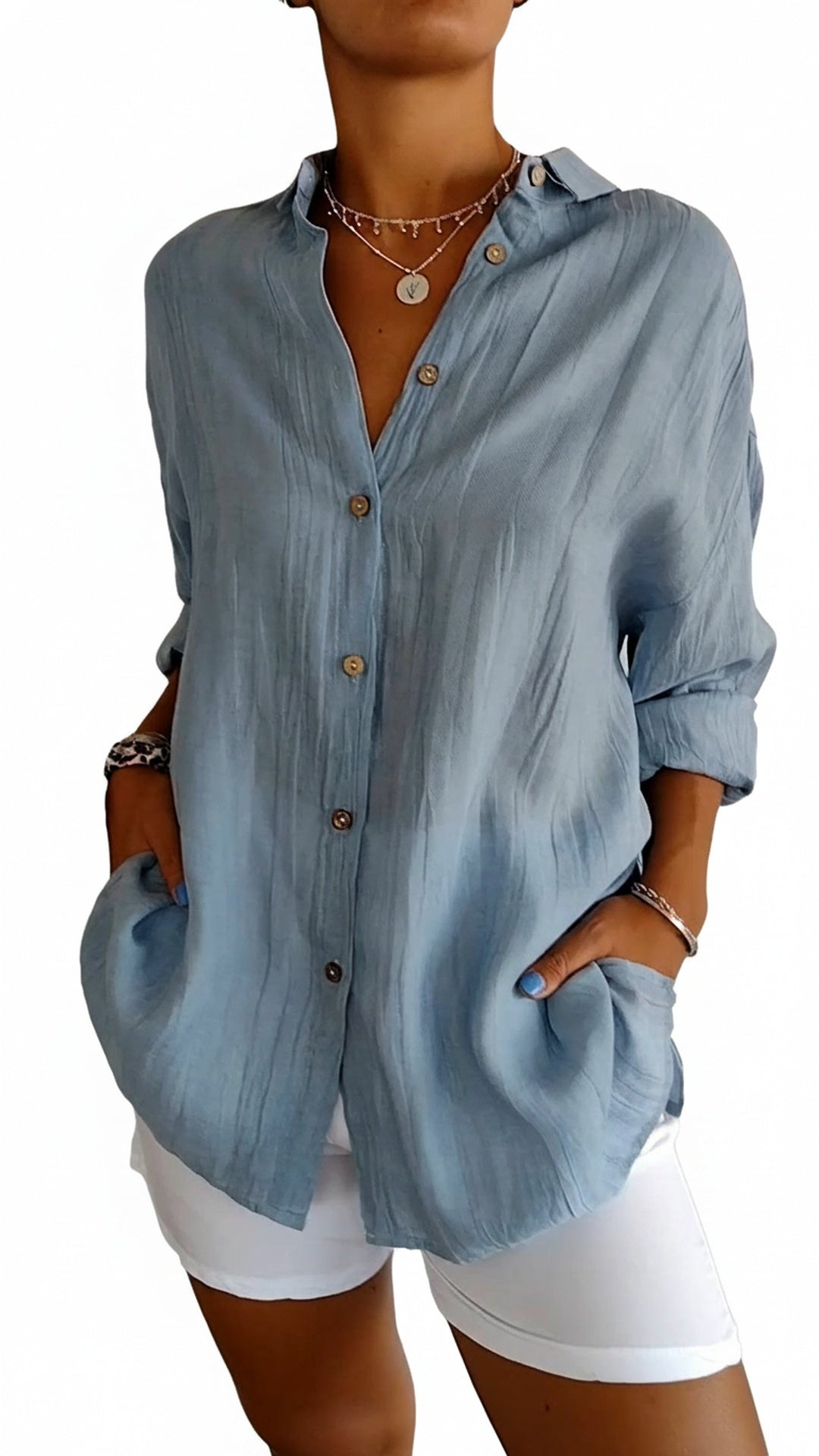 Women's Oversized Button Down Shirt Long Sleeve Pleated Pockets