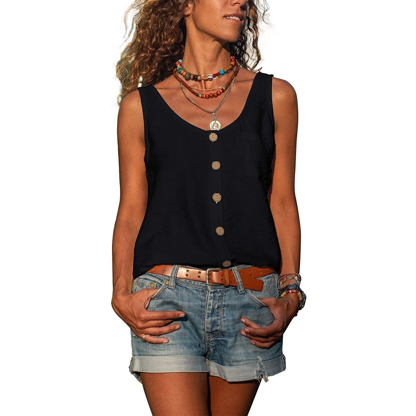 Women's Button Front Tank Top Sleeveless U-Neck Summer - Image 9