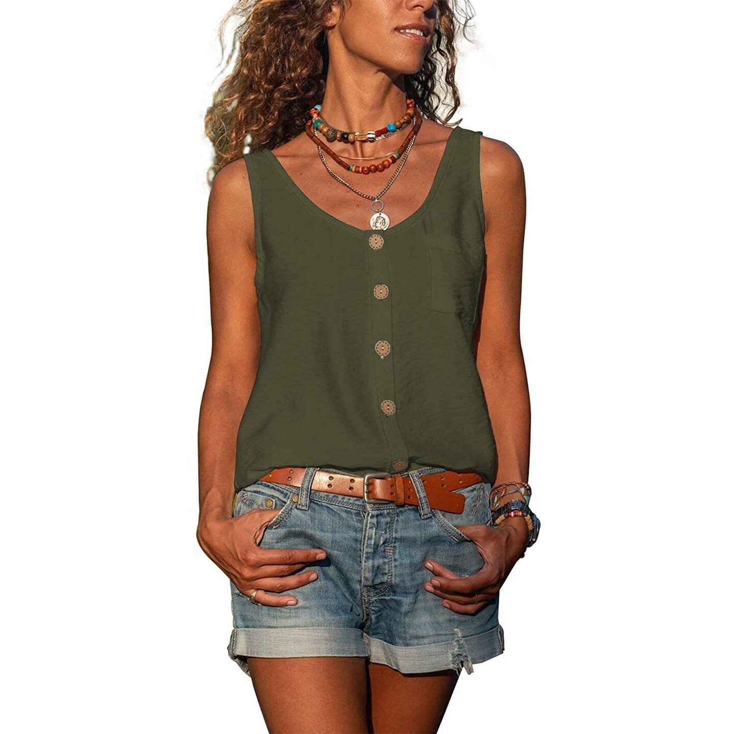 Women's Button Front Tank Top Sleeveless U-Neck Summer - Image 5