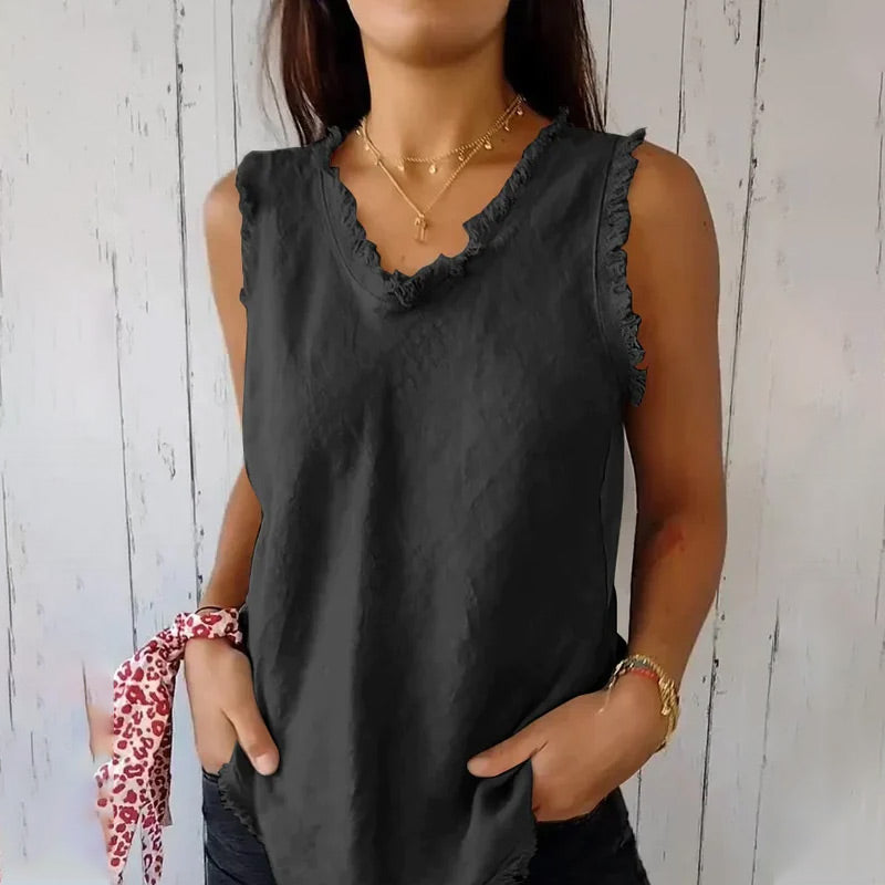 Louisa – Canotta Donna Smanicata con Scollo a V e Bordi Sfilacciati