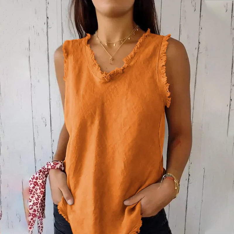 Louisa – Canotta Donna Smanicata con Scollo a V e Bordi Sfilacciati