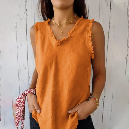 Louisa – Canotta Donna Smanicata con Scollo a V e Bordi Sfilacciati