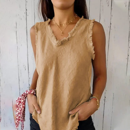 Louisa – Canotta Donna Smanicata con Scollo a V e Bordi Sfilacciati