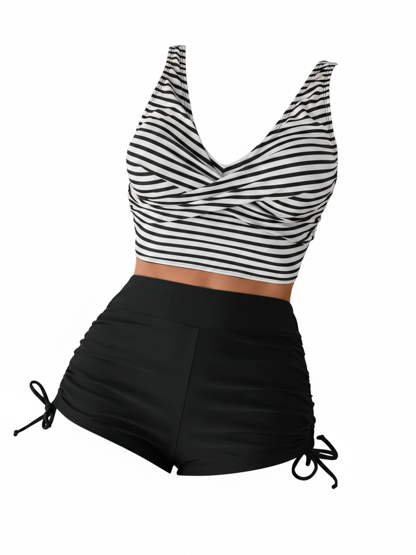 Women's High Waisted Striped Tankini Set Twist Front Tummy Control
