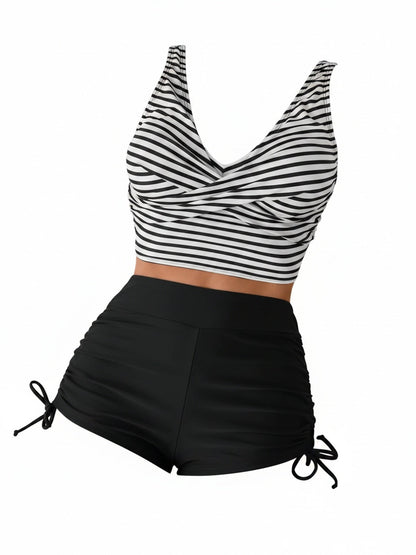 Women's High Waisted Striped Tankini Set Twist Front Tummy Control