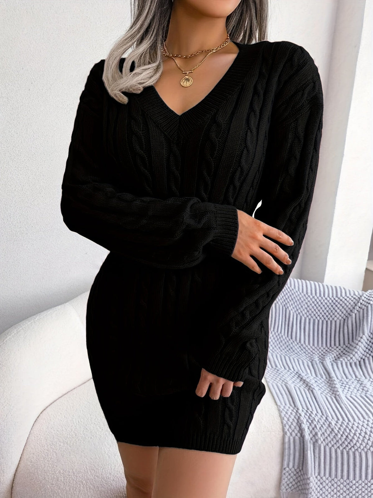 Women Cable Knit Sweater Dress - Image 8