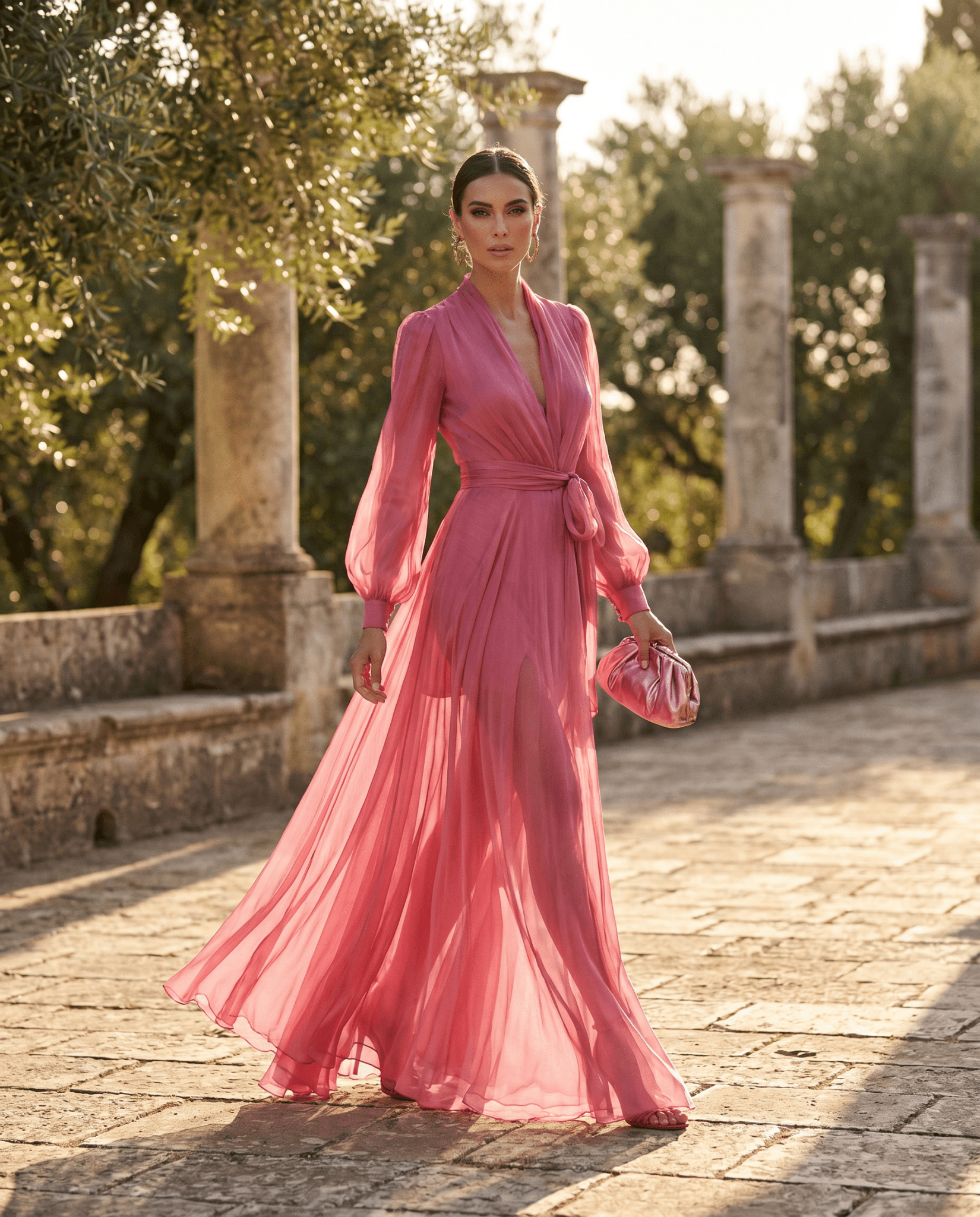 Women Chiffon Maxi Dress Belted V-Neck Wedding Guest Formal - Image 5