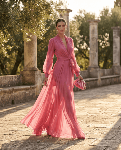 Women Chiffon Maxi Dress Belted V-Neck Wedding Guest Formal - Image 5