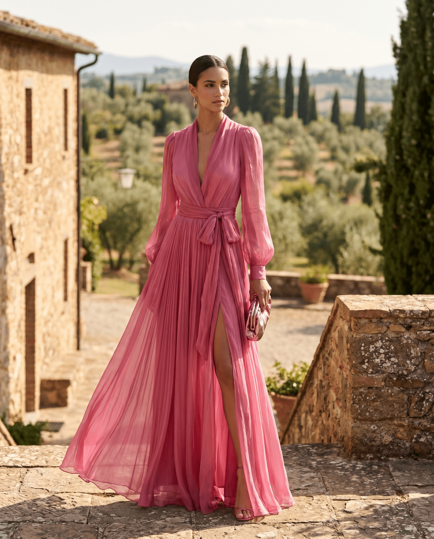 Women Chiffon Maxi Dress Belted V-Neck Wedding Guest Formal - Image 3