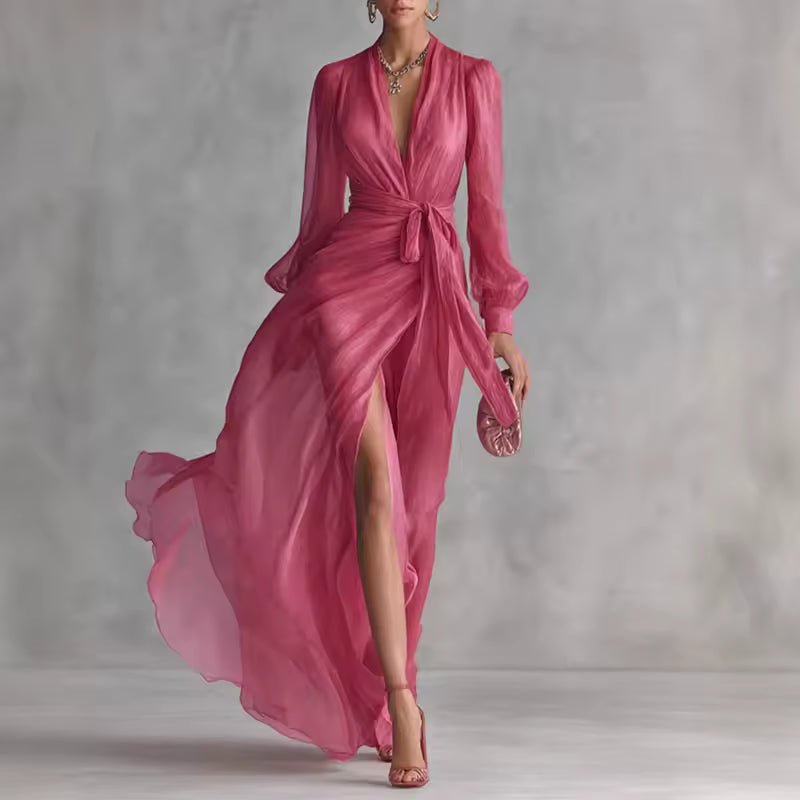 Women Chiffon Maxi Dress Belted V-Neck Wedding Guest Formal