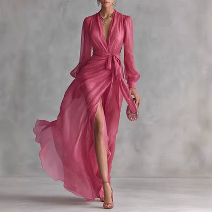 Women Chiffon Maxi Dress Belted V-Neck Wedding Guest Formal