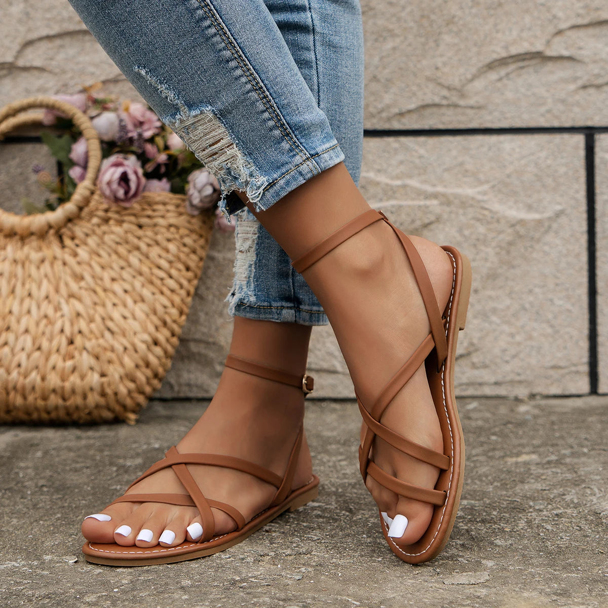 Women Criss Cross Flat Sandals Ankle Strap Summer Casual - Image 6