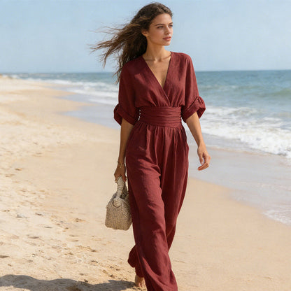 Monira - Elegant V Neck Wide Leg Jumpsuit