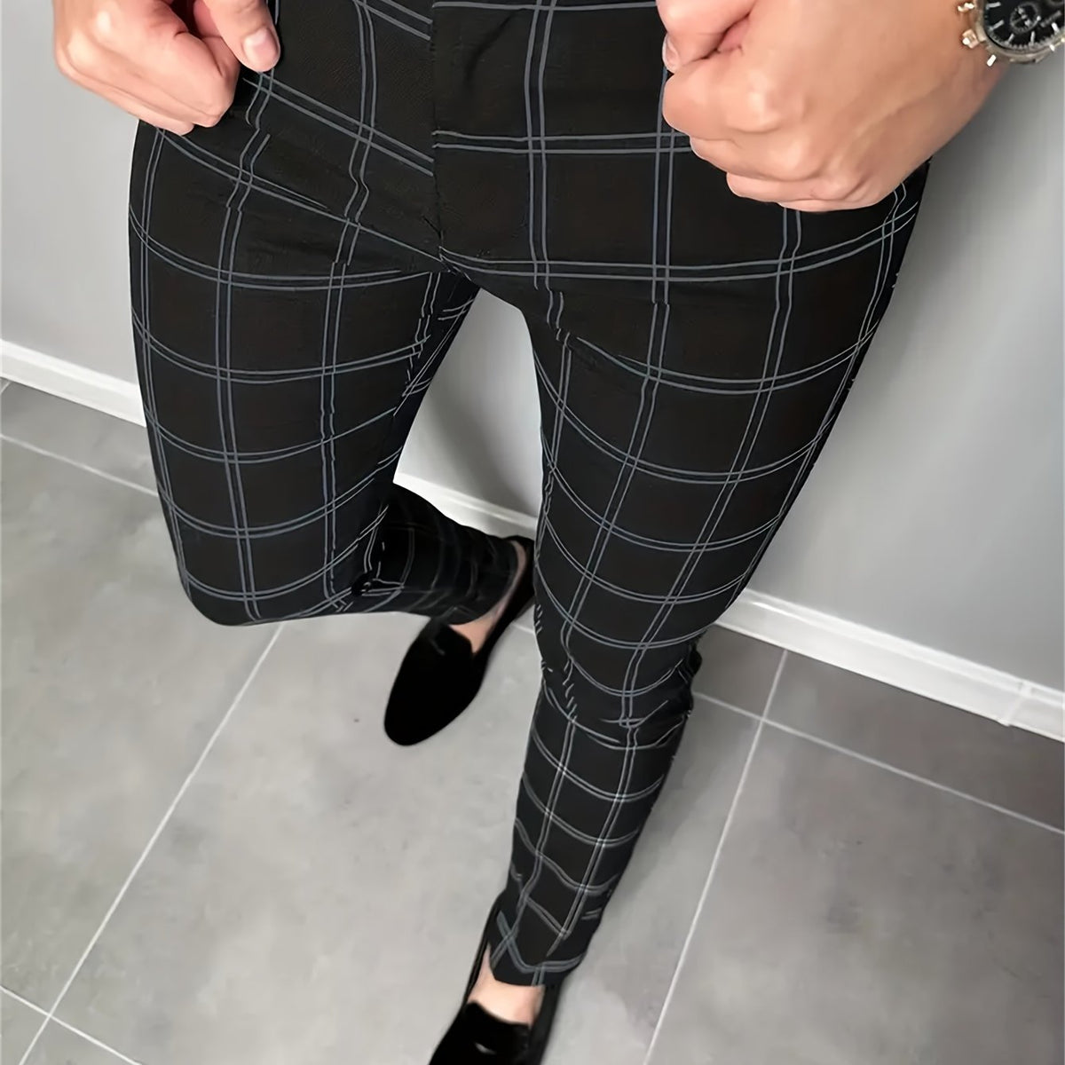 Men's Slim Fit Plaid Dress Pants