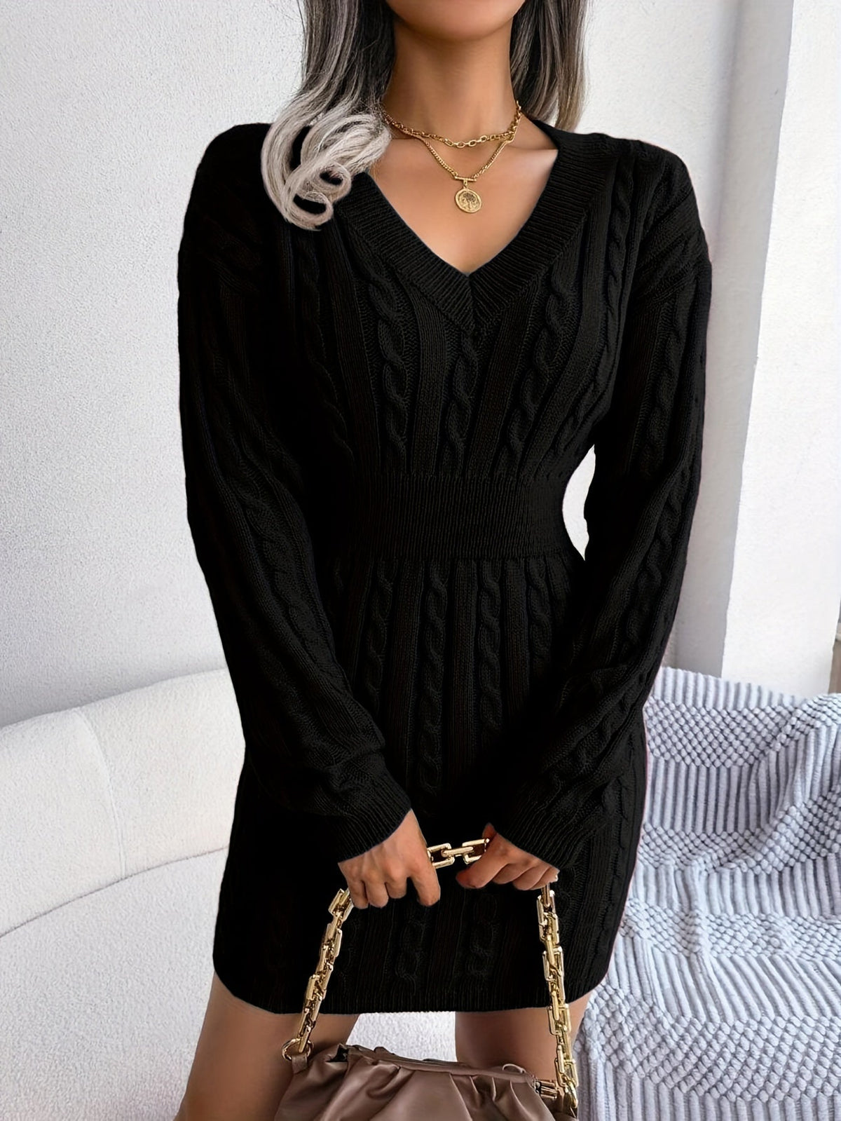 Women Cable Knit Sweater Dress - Image 7