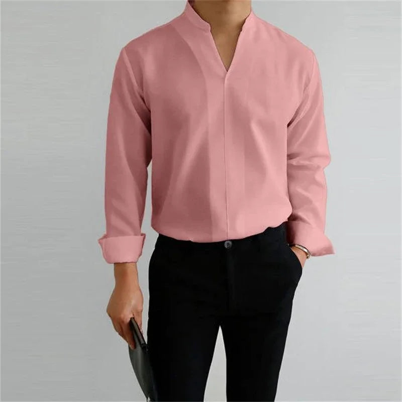 Men's Long Sleeve Mandarin Collar Casual Shirt - Image 7