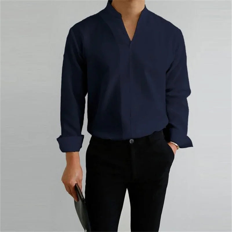 Men's Long Sleeve Mandarin Collar Casual Shirt - Image 4