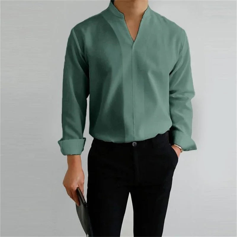 Men's Long Sleeve Mandarin Collar Casual Shirt - Image 8