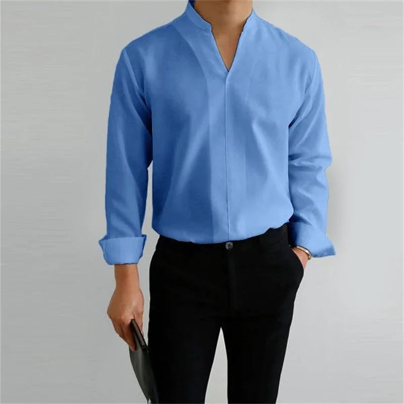 Men's Long Sleeve Mandarin Collar Casual Shirt - Image 3