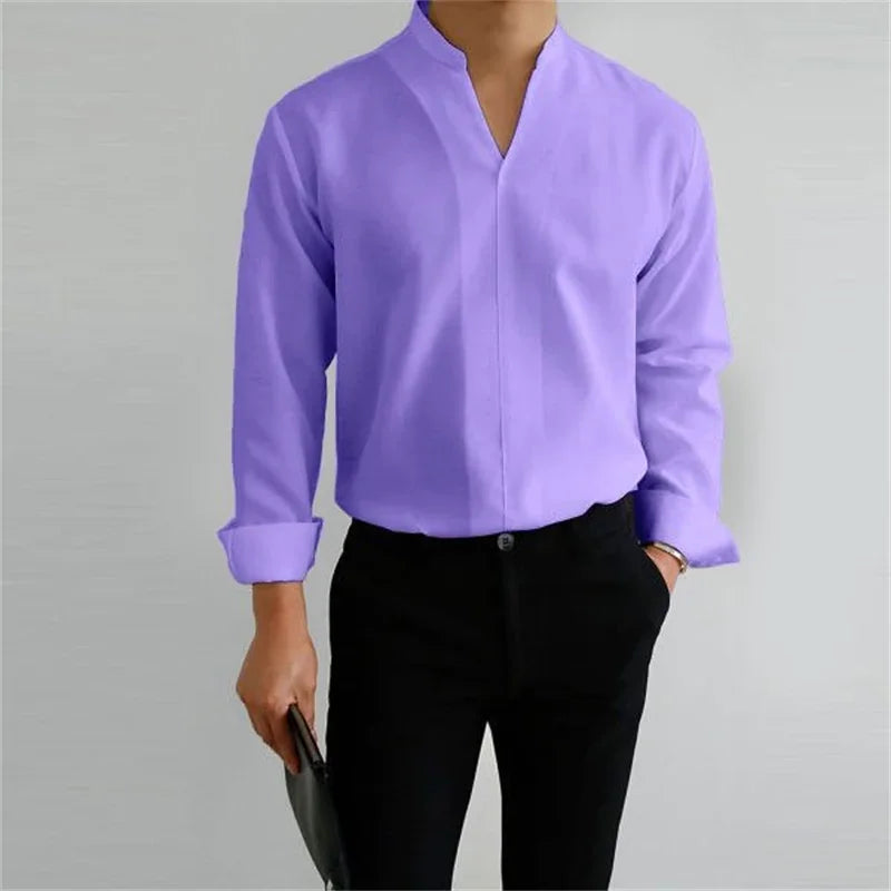 Men's Long Sleeve Mandarin Collar Casual Shirt - Image 9