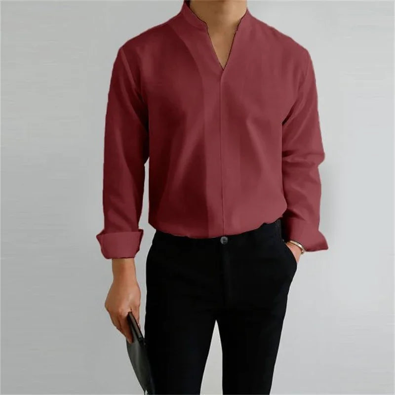 Men's Long Sleeve Mandarin Collar Casual Shirt - Image 5