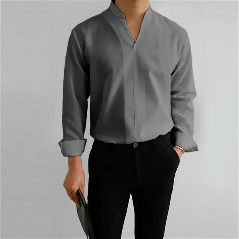 Men's Long Sleeve Mandarin Collar Casual Shirt - Image 6