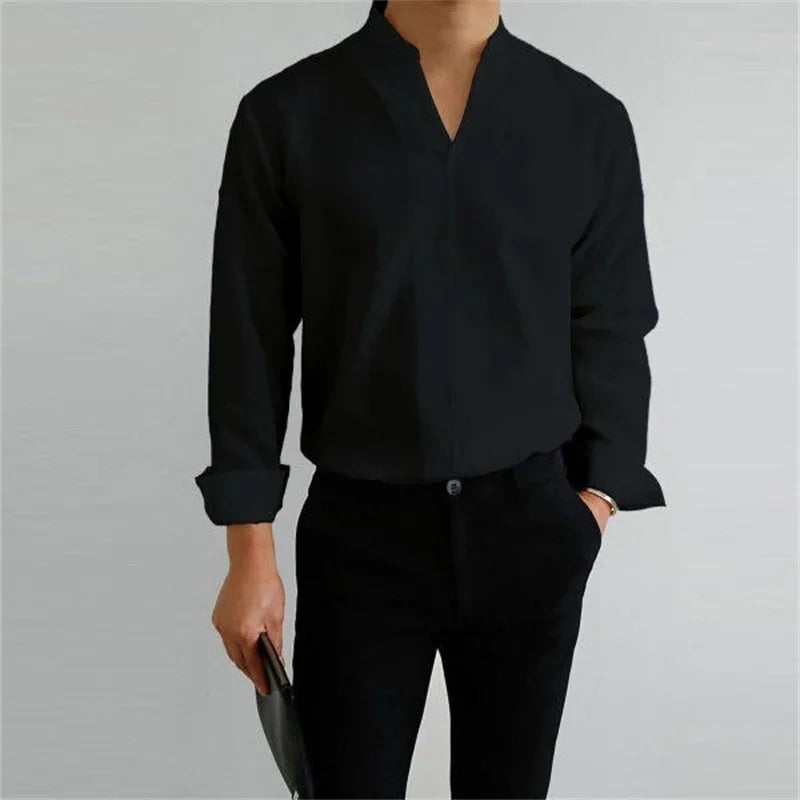 Men's Long Sleeve Mandarin Collar Casual Shirt - Image 2