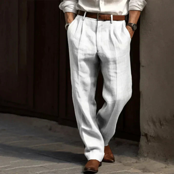 Men's Grey Linen Pants Relaxed Fit Pleated Trousers - Image 2