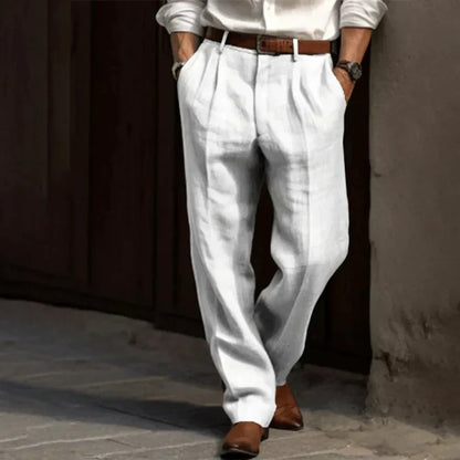 Men's Grey Linen Pants Relaxed Fit Pleated Trousers - Image 2