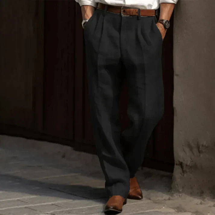 Men's Grey Linen Pants Relaxed Fit Pleated Trousers - Image 3